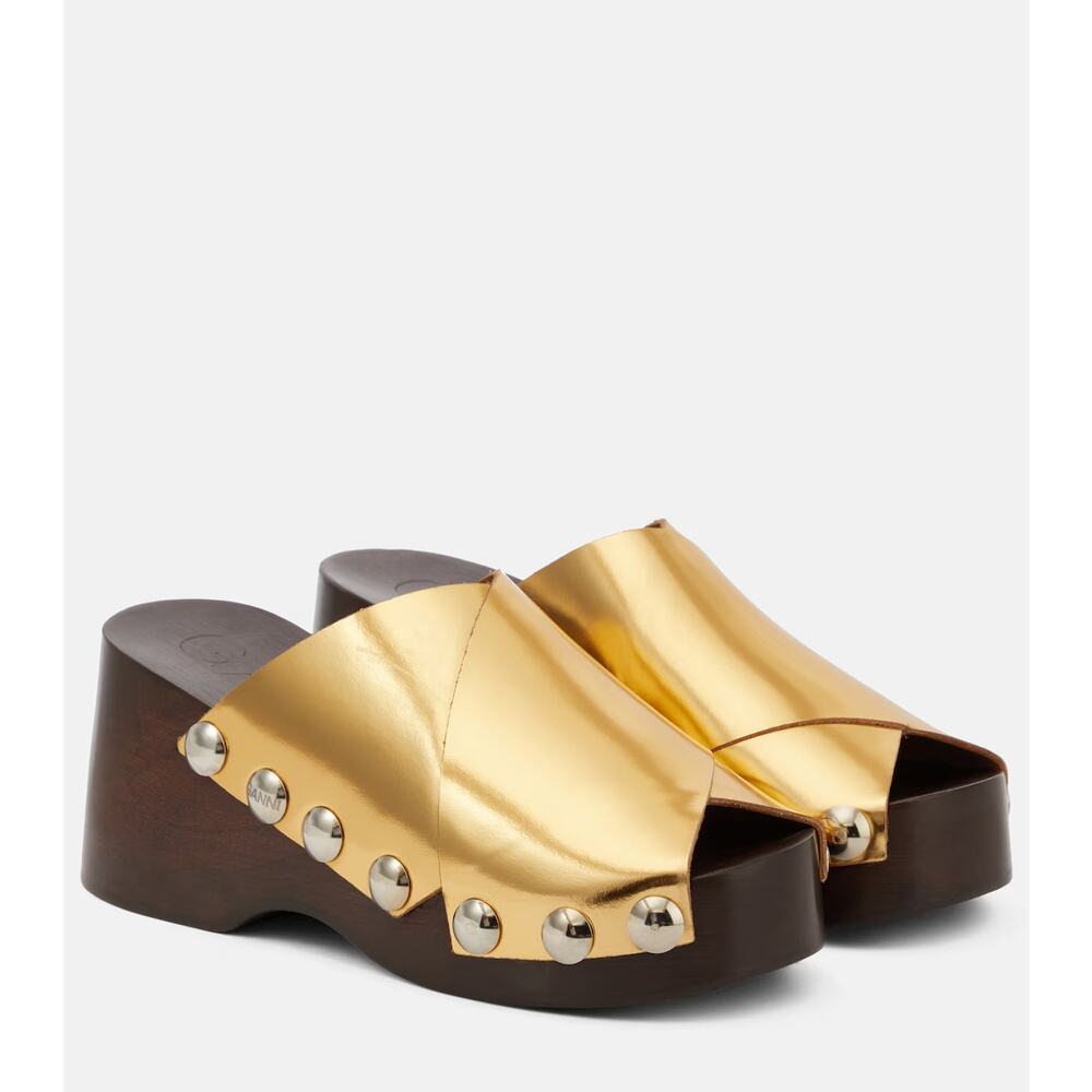 Ganni Metallic Leather Clog Gold Retro Stud Platform Mules‎ Sz 36 / 6 US